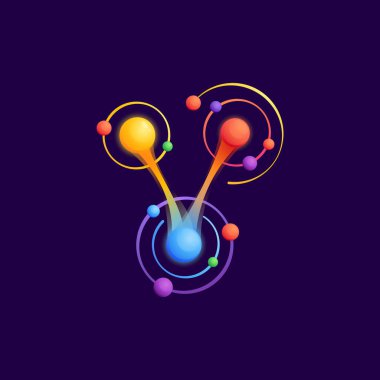 Atom yörüngeli V harfi logosu. Herhangi bir bilim etiketinde, teknoloji posterlerinde, astronomi kimliğinde vs. kullanmak için mükemmel bir vektör simgesi.