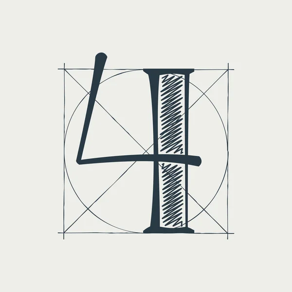 Logo Numero Quattro Con Linee Griglia Costruzione Vector Vintage Serif — Vettoriale Stock