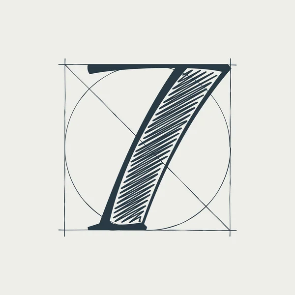 Logotipo Número Sete Com Linhas Grade Construção Vector Vintage Serif —  Vetores de Stock