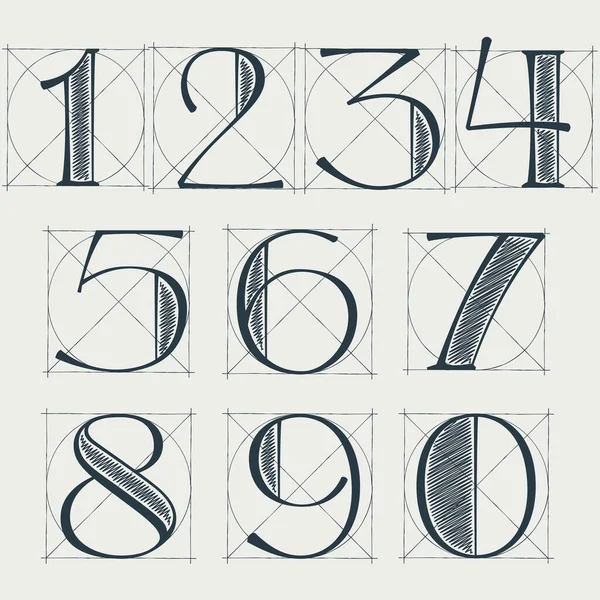 Siffror Inställda Med Konstruktion Rutnät Linjer Vector Vintage Serif Karaktär — Stock vektor