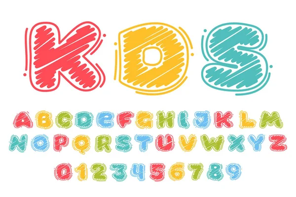 Alphabet Numbers Set Childish Wax Crayons Scribbles Style Bright Colorful — Stock Vector