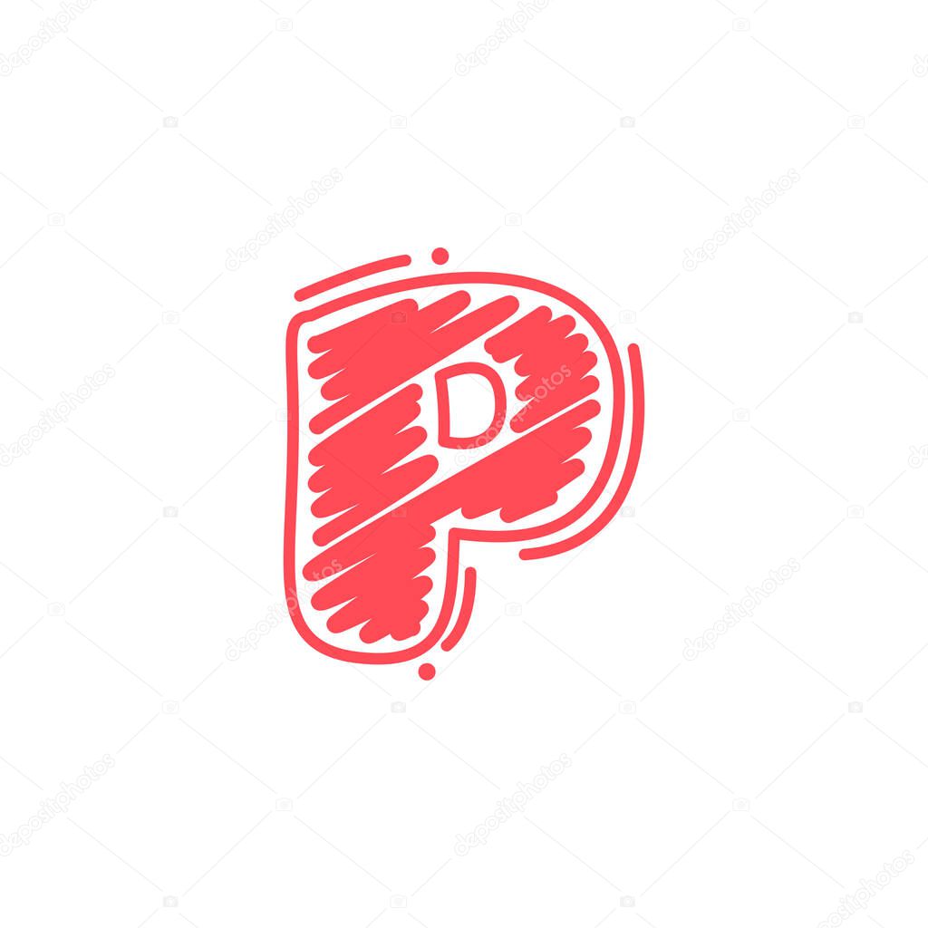 P letter logo in childish wax crayons scribbles style. Bright colorful font for cute kids identity, funny craft package, vibrant poster, etc.