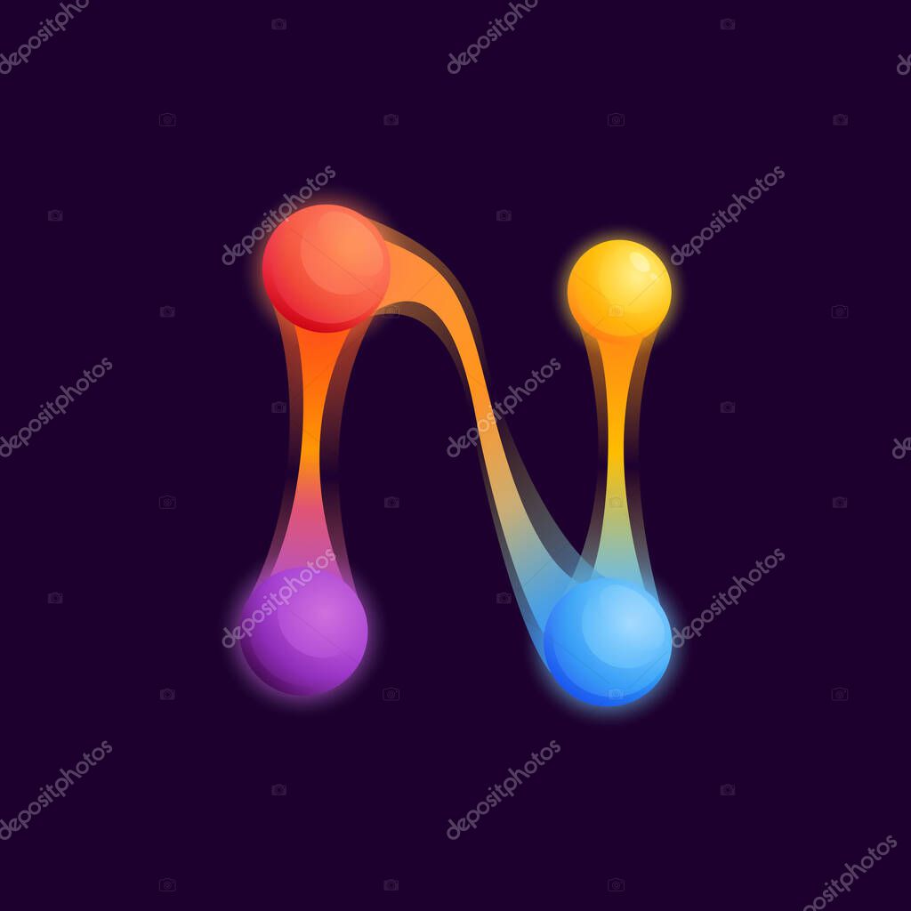 N letter logo with colorful spheres or dots and connecting lines. Vector technology icon perfect to use in any science labels, multimedia posters, energy identity, etc.