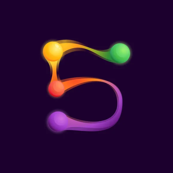 Nummer Vijf Logo Met Kleurrijke Bollen Stippen Verbindingslijnen Vector Technologie — Stockvector