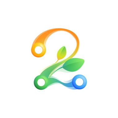 Renkli küreler, noktalar ve birleştirici çizgilerle iki numaralı eko logosu. Herhangi bir tarım etiketinde, bilim posterlerinde, bahar kimliğinde vs. kullanmak için mükemmel vektör yeşil simgesi.