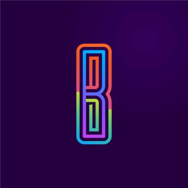 Neon ışıklı B harfi harfi logosu. Olay posterleri, bağcıklı amblem, gece hayatı afişi ve fütüristik kimlik için renkli yazı tipi. Tipografi tasarımı.