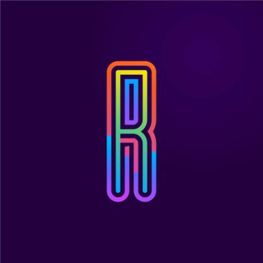 Neon ışığı R harfi hattı logosu. Olay posterleri, bağcıklı amblem, gece hayatı afişi ve fütüristik kimlik için renkli yazı tipi. Tipografi tasarımı.