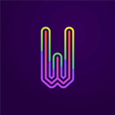 Neon ışığı W harfi harfi logosu. Olay posterleri, bağcıklı amblem, gece hayatı afişi ve fütüristik kimlik için renkli yazı tipi. Tipografi tasarımı.