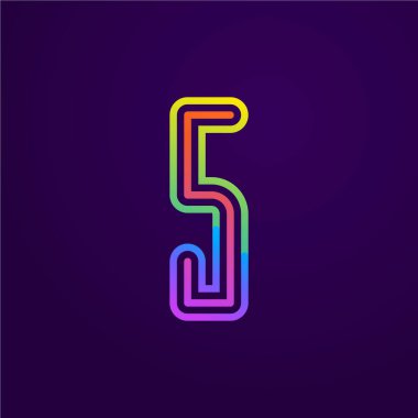 Neon ışığı beş numaralı hat logosu. Olay posterleri, bağcıklı amblem, gece hayatı afişi ve fütüristik kimlik için renkli yazı tipi. Tipografi tasarımı.