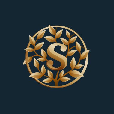 Altın Ağaç S harfi logosu. Vintage daire vektör amblemi. Gayrimenkul düzeni, lüks kart, zarif sunum, cazibe etiketi, moda posterleri, butik simgesi vs. için kaliteli yazı tipi.