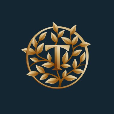 Altın Ağaç T harfi logosu. Vintage daire vektör amblemi. Gayrimenkul düzeni, lüks kart, zarif sunum, cazibe etiketi, moda posterleri, butik simgesi vs. için kaliteli yazı tipi.