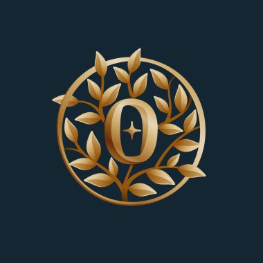 Altın ağaç, sıfır numaralı logo. Vintage daire vektör amblemi. Gayrimenkul düzeni, lüks kart, zarif sunum, cazibe etiketi, moda posterleri, butik simgesi vs. için kaliteli yazı tipi.