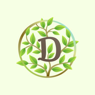 D letter logo made of twisted tree branches and green leaves in circle. Ecology vector font for vegan emblem, botanical identity, creative spring t-shirts, organic merchandise.
