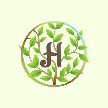 H letter logo made of twisted tree branches and green leaves in circle. Ecology vector font for vegan emblem, botanical identity, creative spring t-shirts, organic merchandise.