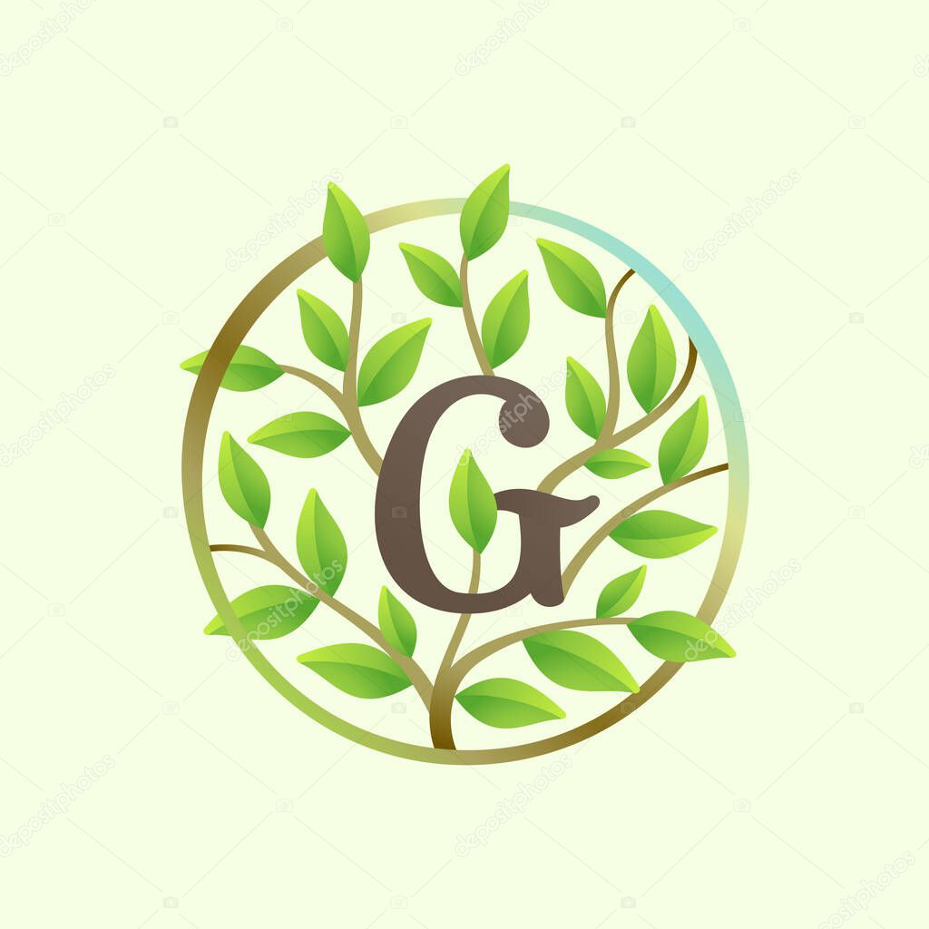 G letter logo made of twisted tree branches and green leaves in circle. Ecology vector font for vegan emblem, botanical identity, creative spring t-shirts, organic merchandise.
