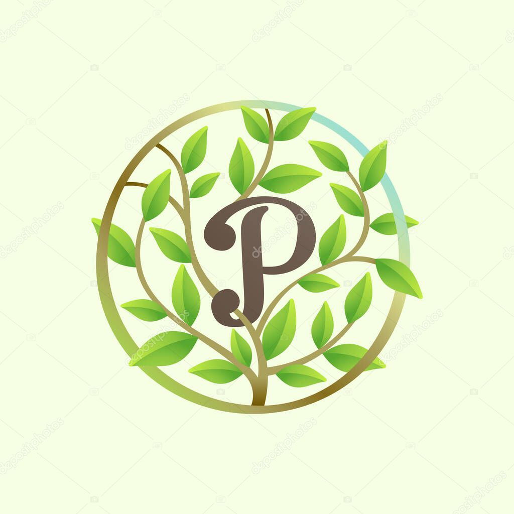 P letter logo made of twisted tree branches and green leaves in circle. Ecology vector font for vegan emblem, botanical identity, creative spring t-shirts, organic merchandise.