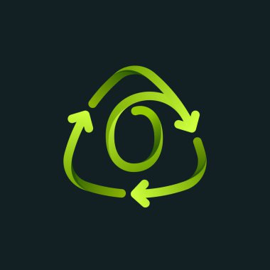 O harfi logosu olan geri dönüşüm sembolü. Dönen oklarla yeşil işareti yeniden kullan. Yaklaşan çevre dostu ve sıfır atık projeniz için vektör yazı tipi. 