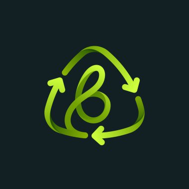 B harfi logosu olan geri dönüşüm sembolü. Dönen oklarla yeşil işareti yeniden kullan. Yaklaşan çevre dostu ve sıfır atık projeniz için vektör yazı tipi. 
