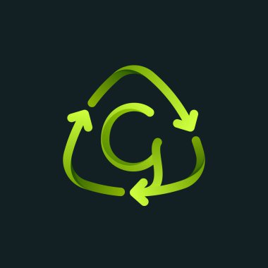 G harfi logosuyla geri dönüşüm sembolü. Dönen oklarla yeşil işareti yeniden kullan. Yaklaşan çevre dostu ve sıfır atık projeniz için vektör yazı tipi. 