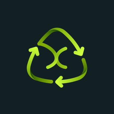 X harfi logosu olan geri dönüşüm sembolü. Dönen oklarla yeşil işareti yeniden kullan. Yaklaşan çevre dostu ve sıfır atık projeniz için vektör yazı tipi. 
