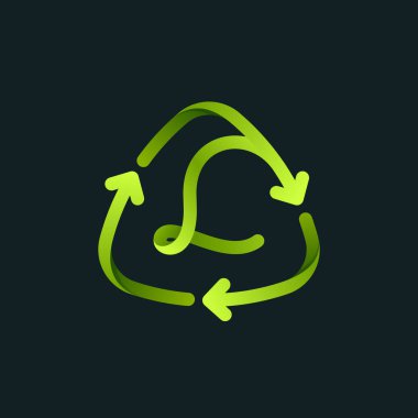 L harfi logosuyla geri dönüşüm sembolü. Dönen oklarla yeşil işareti yeniden kullan. Yaklaşan çevre dostu ve sıfır atık projeniz için vektör yazı tipi. 