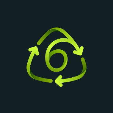 Altı numaralı logosu olan geri dönüşüm sembolü. Dönen oklarla yeşil işareti yeniden kullan. Yaklaşan çevre dostu ve sıfır atık projeniz için vektör yazı tipi. 