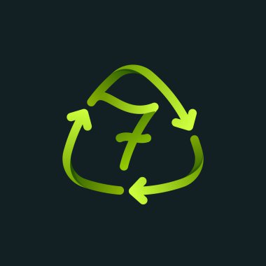 Yedi numaralı logosu olan geri dönüşüm sembolü. Dönen oklarla yeşil işareti yeniden kullan. Yaklaşan çevre dostu ve sıfır atık projeniz için vektör yazı tipi. 