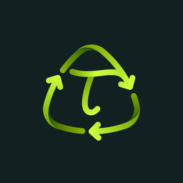 T字線のロゴが入ったリサイクルシンボル 回転矢印と緑の再利用記号 今後予定されている環境に優しいゼロ廃棄物プロジェクトのベクトルフォント — ストックベクタ