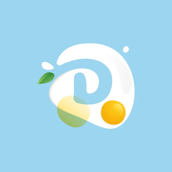 Brev Logotyp Ett Stekt Ägg Med Grönt Blad Och Stänk — Stock vektor