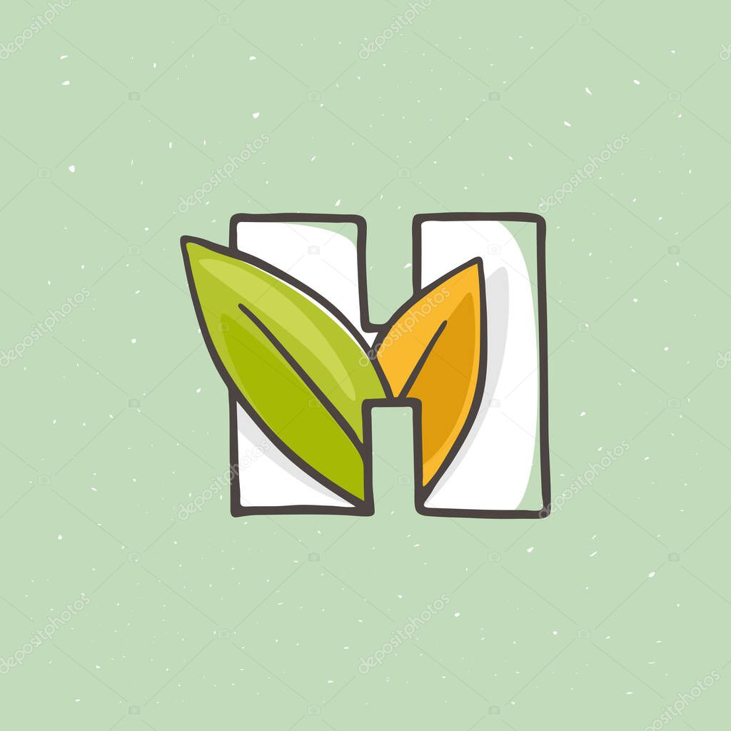 H letter logo hand drawn with a felt-tip pen in soft colors. Line style vector illustration with green leaves for your upcoming eco-friendly and zero waste projects.