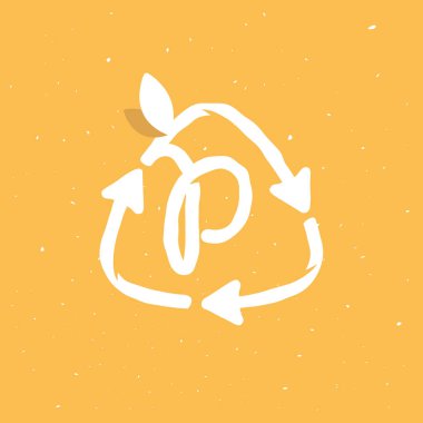 İçerideki P harfi logosu grunge lineer biçiminde yeniden kullanım işareti. Geri dönüşüm sembolünün düz tasarımı ve yaklaşan çevre dostu ve sıfır atık projeleriniz için yapraklar. 