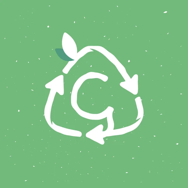 グリンジ線形スタイルで再利用記号内のC文字のロゴ エコフレンドリーで廃棄物ゼロプロジェクトのためのリサイクルシンボルと葉のフラットデザイン — ストックベクタ