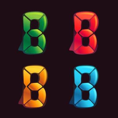 Alarmlı saat şeklinde B harfi logosu. Fütürist şirket kimliği, gece hayatı dergisi, anlamlı posterler için dört renk şeması içindeki dijital yazı tipi.