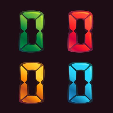 Alarmlı saat şeklinde O harfi logosu. Fütürist şirket kimliği, gece hayatı dergisi, anlamlı posterler için dört renk şeması içindeki dijital yazı tipi.