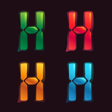 Alarmlı saat şeklinde H harfi logosu. Fütürist şirket kimliği, gece hayatı dergisi, anlamlı posterler için dört renk şeması içindeki dijital yazı tipi.