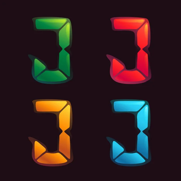 目覚まし時計のスタイルでJ文字のロゴ 未来的な会社のアイデンティティ ナイトライフ雑誌 表現力豊かなポスターのための4つのカラースキームのデジタルフォント — ストックベクタ