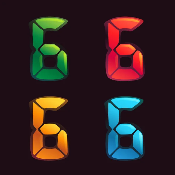 警钟风格的六号标志 未来公司身份 夜生活杂志 有表现力的海报四种色彩方案中的数字字体 — 图库矢量图片