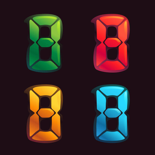 Number eight logo in alarm clock style. Digital font in four color schemes for futuristic company identity, nightlife magazine, expressive posters.