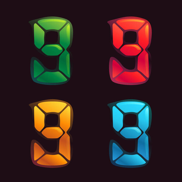 Number nine logo in alarm clock style. Digital font in four color schemes for futuristic company identity, nightlife magazine, expressive posters.