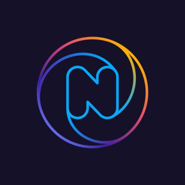 N harfi bir satır renkli logo. Sosyal ağ uygulamanız, eğlenceli avatarınız veya kurumsal kimliğiniz için çok renkli vektör simgesini çember içine alın.