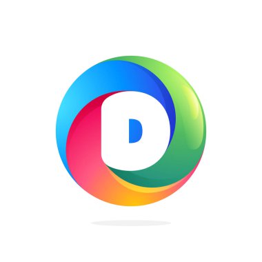 D harfi logosu girdap dairesinin içinde. Negatif uzay tarzı simgesi. Sosyal ağ uygulamanız, eğlence avatarınız veya yükleme ekranınız için renkli gradyan amblemi.