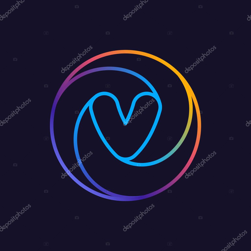 V letter one line colorful logo. Circle multicolored vector icon for your social network app, fun avatar or corporate identity.