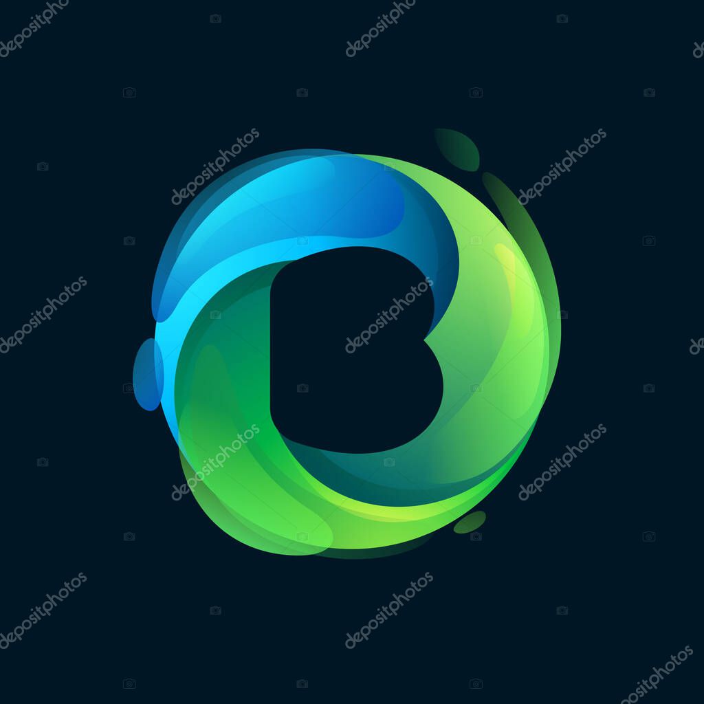 Eco-friendly B letter logo inside a swirl green circle. Negative space style icon. Vector font for vegan emblem, botanical identity, zero waste projects, stop trash merchandise.