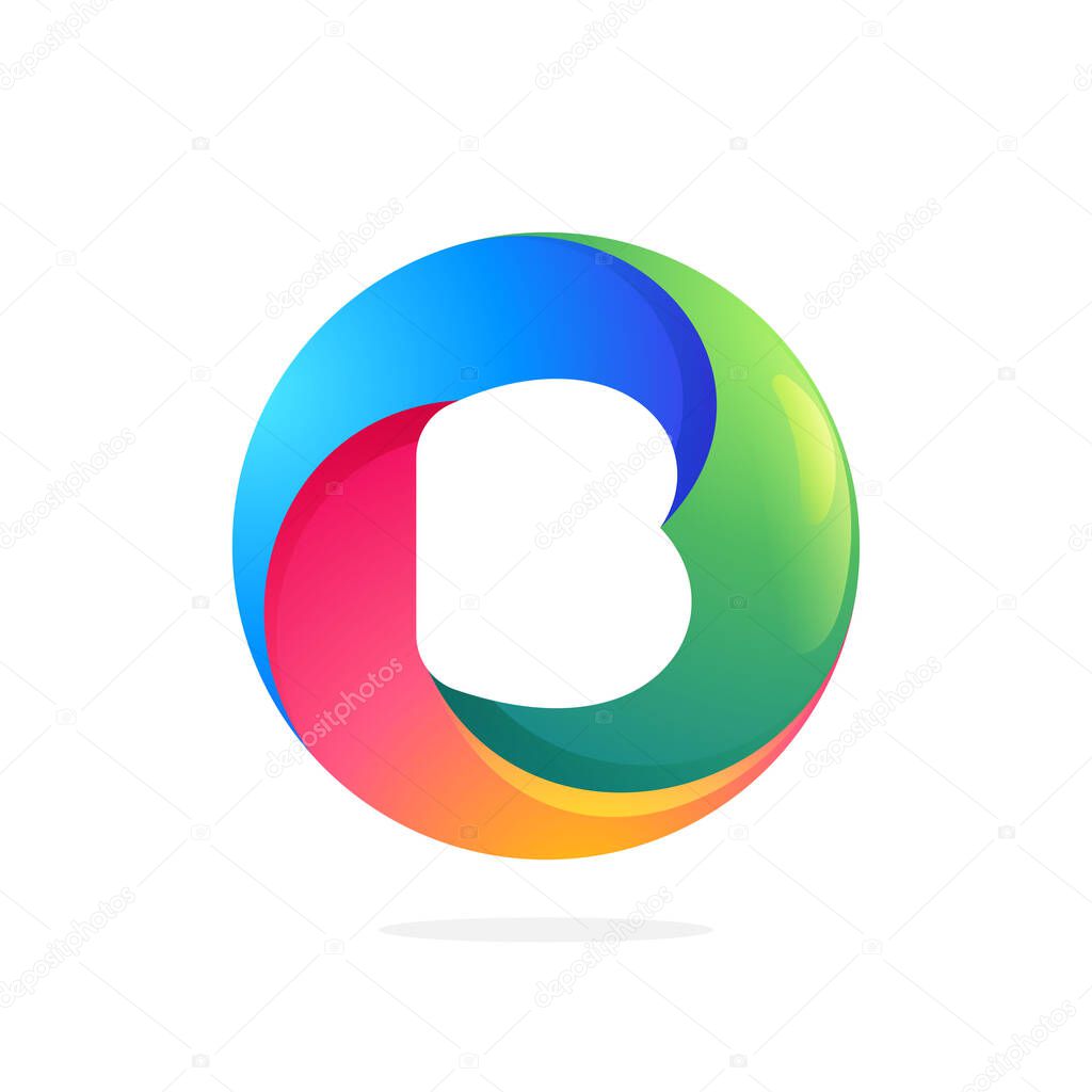 B letter logo inside swirling loop circle. Negative space style icon. Colorful gradient emblem for your social network app, fun avatar or loading screen.