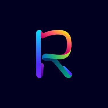 R harfi logosu çok renkli neon çizgisinden yapılmış. Multimedya etiketleri, gece hayatı manşetleri, sinema posterleri, kumarhane reklamları için parlak simge vs..