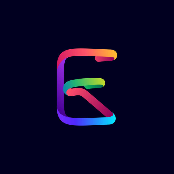 E letter logo made of multicolor gradient neon line. Vector bright icon for multimedia labels, nightlife headlines, cinema posters, casino advertisement etc.