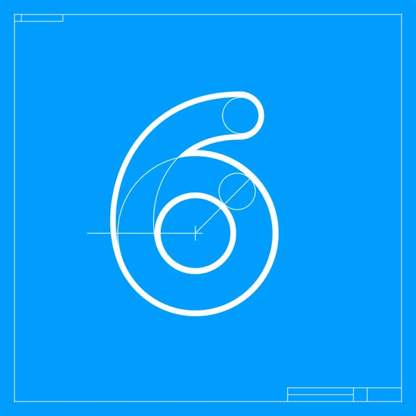 Blaupause Skizze Nummer Sechs Logo Mit Konstruktionslinien Vektor Schrift Für — Stockvektor