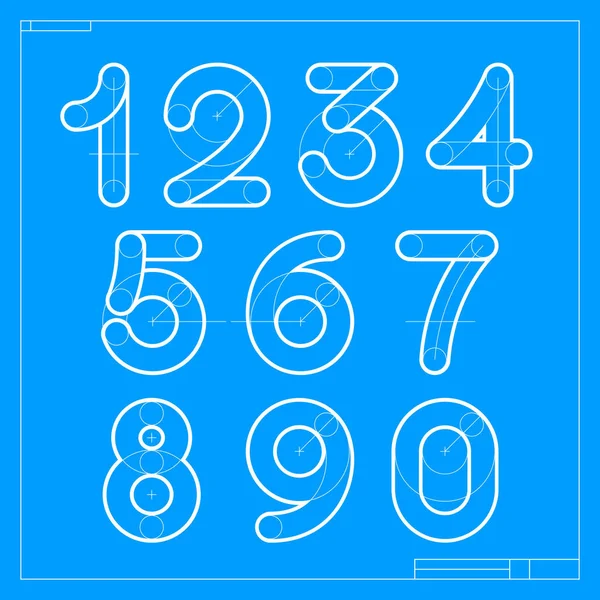 Blauwdruk Schets Nummers Gezet Met Bouwlijnen Vector Lettertype Voor Het — Stockvector