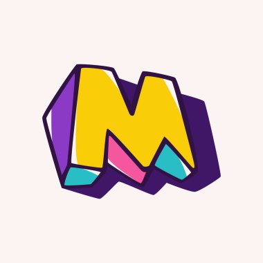 İmkânsız izometrik şekillere dayalı M harfi çocuk tarzı logo. Çocuk etiketleri, markalaşma, şirin doğum günü posterleri vs. için mükemmel..