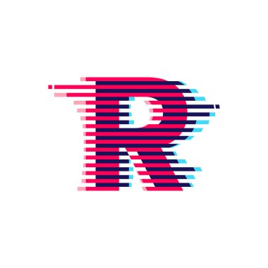 R harfi logosu, canlı çizgi arızası etkisi. Gece hayatı etiketlerinizde kullanmak için mükemmel bir vektör yazı tipi, etkileyici oyun ekranı, elektronik kimlik.